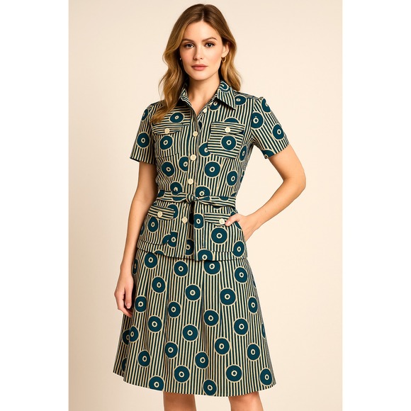 Vtg Albert Nipon 70s 2-Piece Set Geo Print Top & Pleated Skirt ILGWU‎ USA
